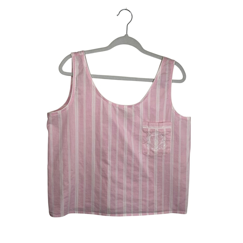 Victoria's Secret Pink White Striped Cotton Pajama Tank Top Embroidered Crest L